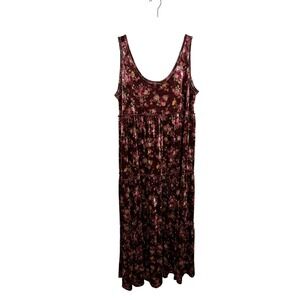 Natural Life Velvet Maxi Dress Size XL Burgundy Floral Tiered Sleeveless Pockets